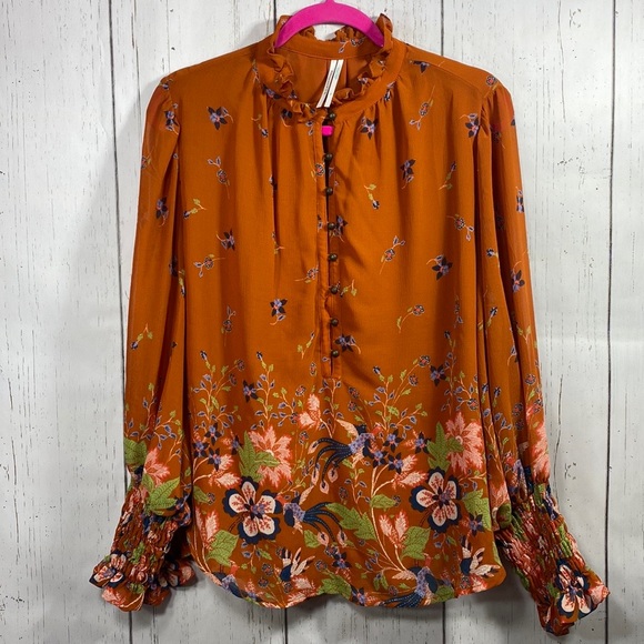 Anthropologie Womens Floral Boho Chiffon Button Front Puffed Sleeve Blouse - Picture 2 of 16